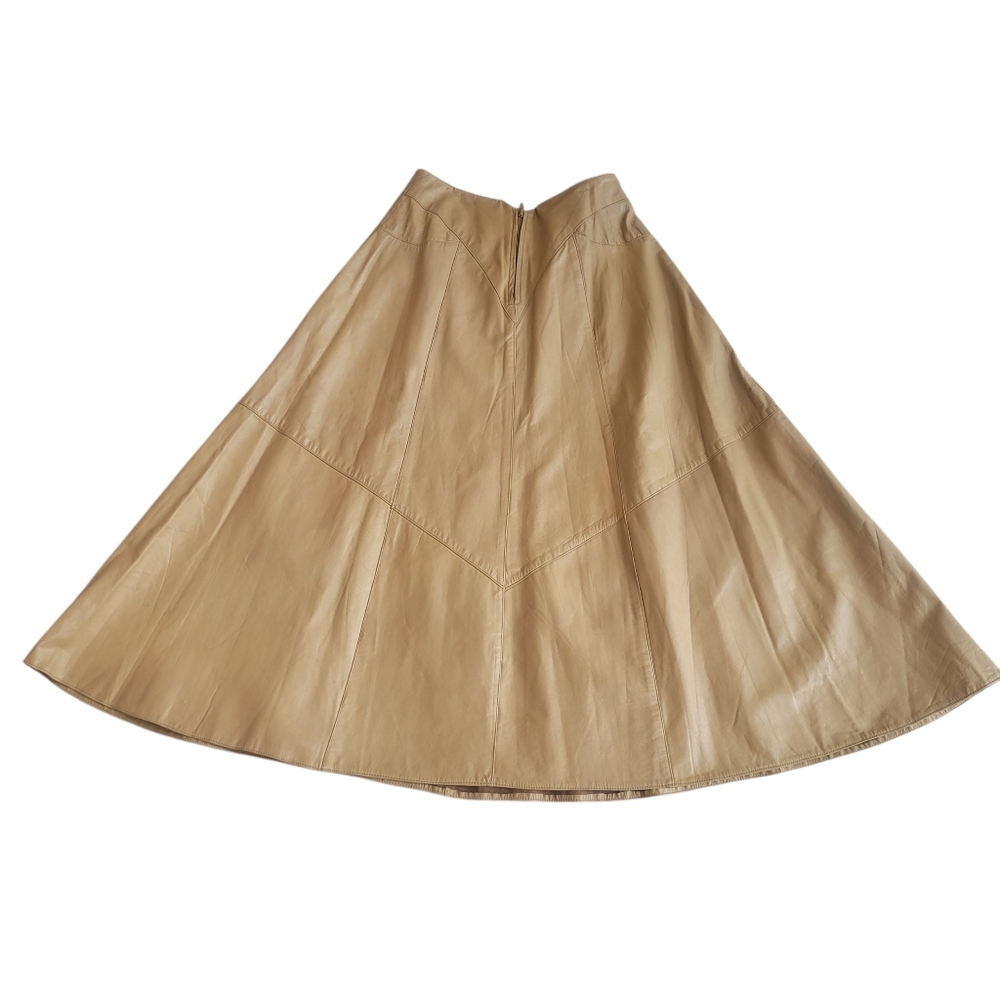 Vintage Women’s Tan Genuine Leather A-Line Skirt With Side Pockets M/L - Picture 2 of 8
